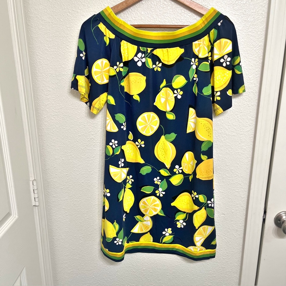 Trina Turk Kelso Lemon Print Off the Shoulder Dress Navy Yellow Small NWT - Picture 2 of 9